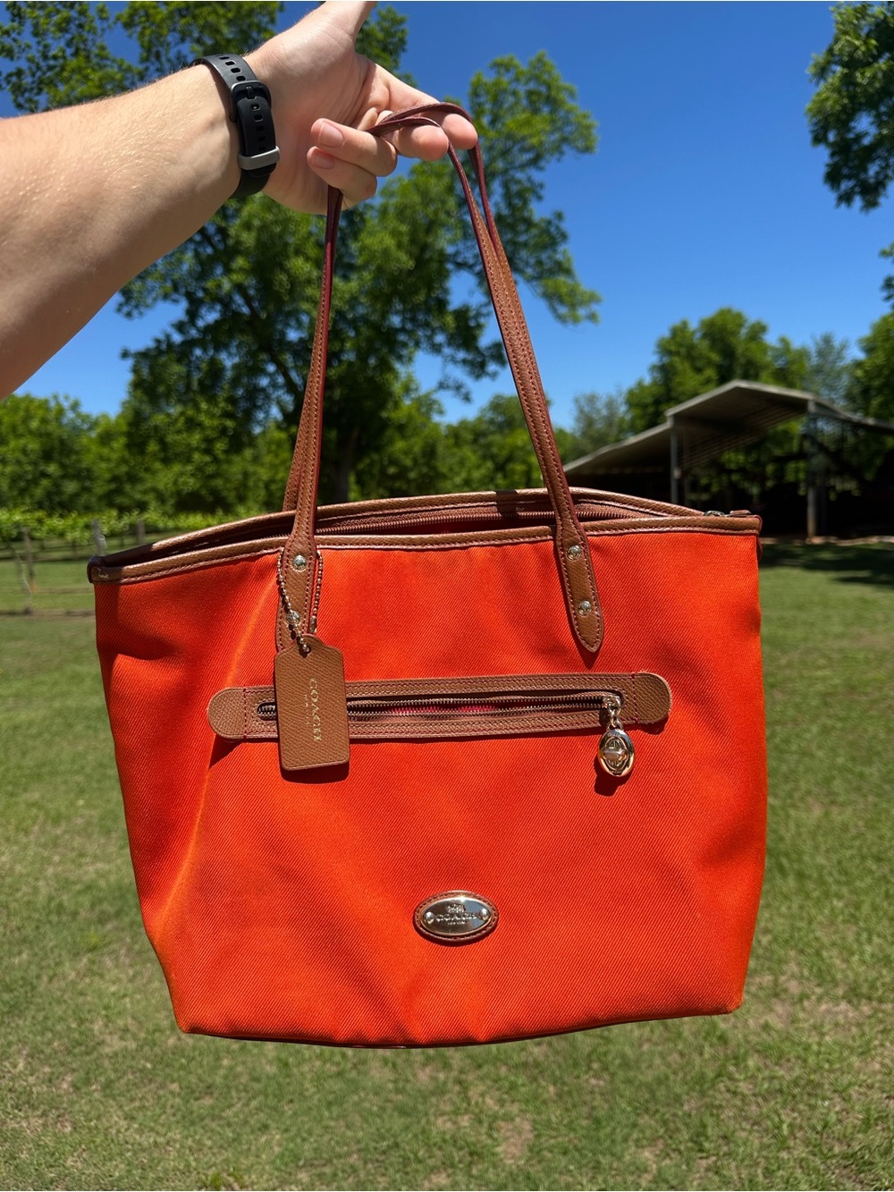 Coach Orange Canvas Tote with Brown Leather Trim and Front Zip